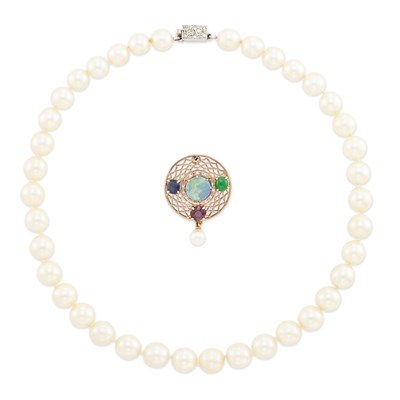 Lot 1227 - Gold, Ruby, Sapphire, Jade and Opal Pin and Cultured Pearl Necklace with Diamond Clasp