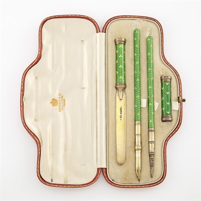Lot 1602 - Silver-Plate and Green Enamel Clover Writing Set