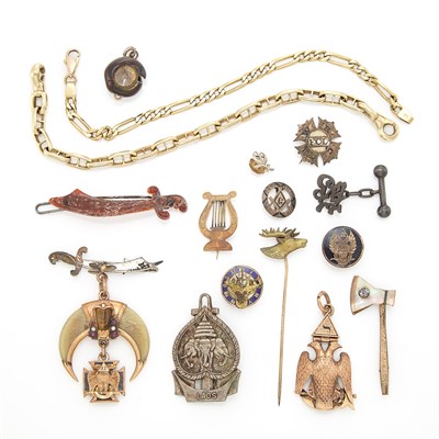 Lot 1659 - Two Gold Bracelets and Group of Masonic Jewelry and Fragments