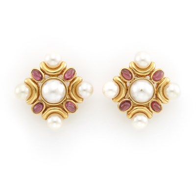 Lot 1303 - Pair of Gold, Mabé and Cultured Pearl and Cabochon Pink Tourmaline Earrings