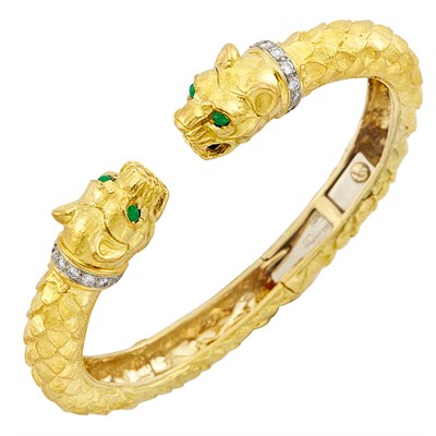 Lot 175 - Gold, Platinum, Diamond and Cabochon Emerald 'Kingdom' Greek Lion Bangle Bracelet, David Webb