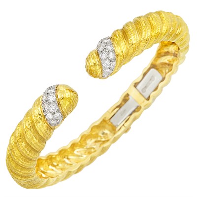 Lot 176 - Hammered Gold, Platinum and Diamond Bangle Bracelet, David Webb