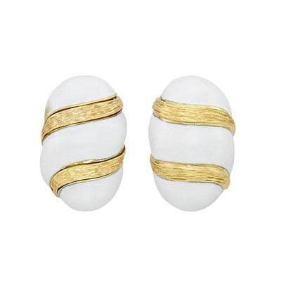 Lot 379 - Pair of Gold and White Enamel Earclips, David Webb