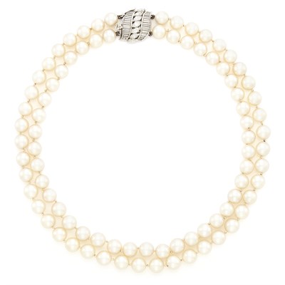 Lot 1134 - Double Strand Pearl Necklace with Platinum and Diamond Clasp