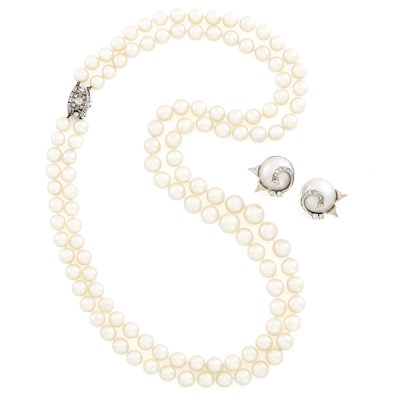 Lot 1778 - Pair of White Gold, Mabé Pearl and Diamond Earclips and Double Strand Cultured Pearl Necklace with Diamond Clasp