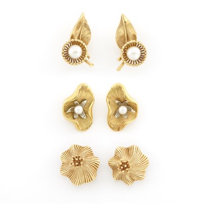 Lot 1156 - Three Pairs of Gold and Pearl Earclips