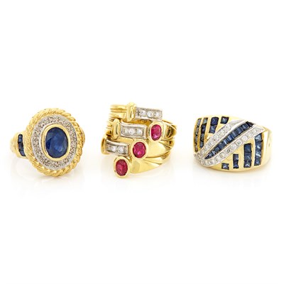 Lot 1488 - Three Gold, Diamond, Ruby and Sapphire Rings