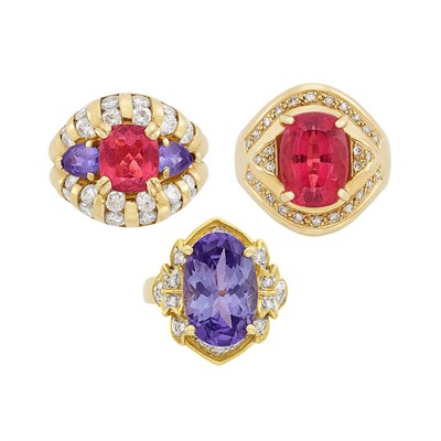 Lot 1282 - Three Gold, Diamond and Gem-Set Rings