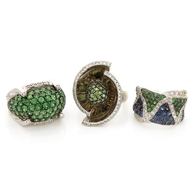 Lot 1496 - Three White Gold, Colored Stone and Diamond Rings