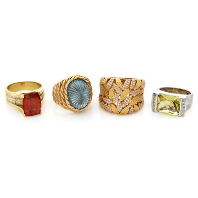 Lot 1479 - Four Yellow, White and Rose Gold, Diamond and Colored Stone Rings