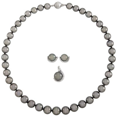 Lot 427 - Tahitian Black Cultured Pearl Necklace with White Gold and Diamond Ball Clasp, Pair of Earrings and Pendant