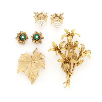 Lot 1323 - Gold Flower Clip-Brooch, Leaf Pin, Pair of Emerald and Diamond Flower  Earclips and Pair of Cultured Pearl Grape Leaf Earclips