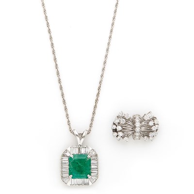 Lot 1199 - White Gold and Diamond Pin and Emerald and Diamond Pendant with Chain Necklace
