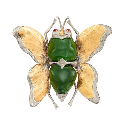 Lot 184 - Two-Color Gold and Cabochon Tourmaline Moth Brooch, Buccellatti