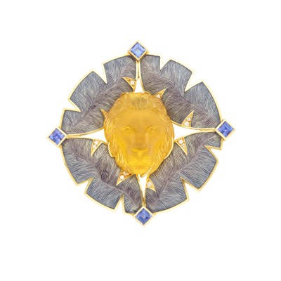 Lot 254 - Gold, Carved Citrine, Guilloché Gray Enamel, Tanzanite and Diamond Pendant-Brooch, Silverhorn