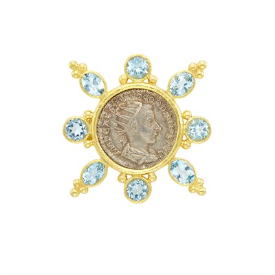 Lot 530 - Gold, Silver Coin and Aquamarine Pendant-Brooch, Elizabeth Locke