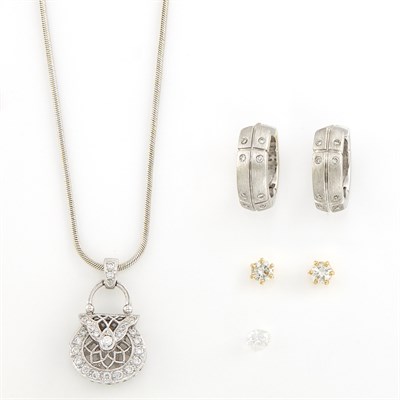 Lot 1373 - Pair of Gold and Diamond Stud Earrings, White Gold and Diamond Huggie Earrings, Purse Pendant-Necklace and Unmounted Diamond