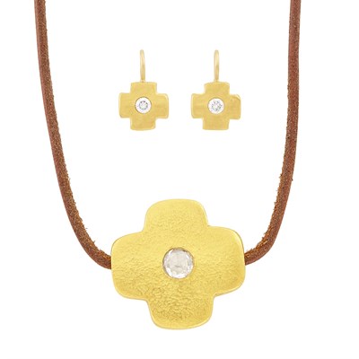 Lot 791 - Pair of High Karat Gold and Diamond Cross Earrings and Pendant with Cord Necklace, Linda Lee Johnson