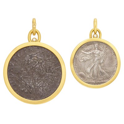 Lot 782 - High Karat Gold, Diamond and Ancient Coin Pendant and High Karat Gold, Diamond and United States Liberty Coin Pendant, by Linda Lee Johnson
