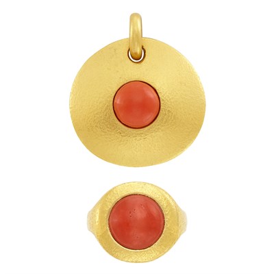 Lot 798 - High Karat Gold, Coral and Diamond Pendant and Ring, Linda Lee Johnson