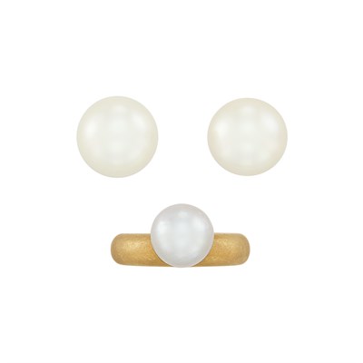 Lot 800 - Pair of Gold and Cultured Pearl Earrings and Ring, by Linda Lee Johnson