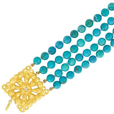 Lot 771 - Four Strand Turquoise Bead Bracelet with High Karat Gold and Diamond Clasp, Linda Lee Johnson