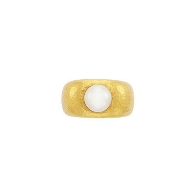 Lot 808 - Wide Hammered High Karat Gold and Cultured Pearl Ring, Linda Lee Johnson