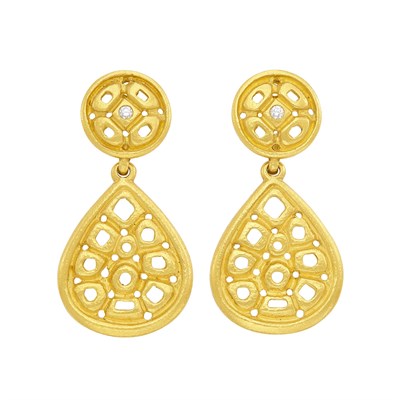 Lot 809 - Pair of Hammered High Karat Gold and Diamond Pendant-Earrings, Linda Lee Johnson