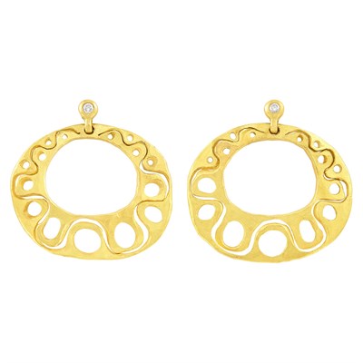 Lot 786 - Pair of High Karat Gold and Diamond Abstract Hoop Pendant-Earrings, Linda Lee Johnson