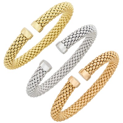 Lot 191 - Three Yellow, White and Rose Gold Bangle Bracelets