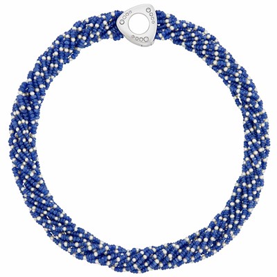 Lot 407 - Twelve Strand Sapphire Bead and Cultured Seed Pearl Torsade Necklace with White Gold and Diamond Clasp