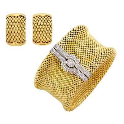 Lot 332 - Two-Color Gold and Diamond Mesh Cuff Bracelet and Pair of Earrings