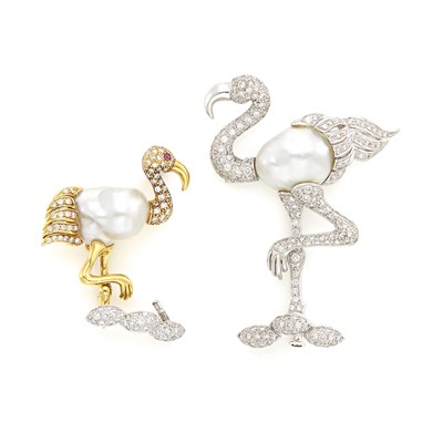 Lot 1499 - Two Yellow and White Gold, Baroque Cultured Pearl and Diamond Flamingo Brooches