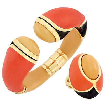 Lot 1293 - Gold-Tone Metal and Enamel Bangle and Ring