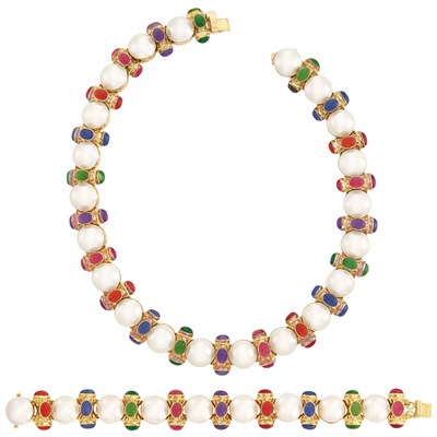Lot 521 - Gold, Mabé Pearl and Cabochon Colored Stone Necklace and Bracelet
