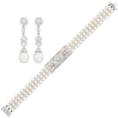 Lot 623 - Triple Strand Cultured Pearl, White Gold and Diamond Bracelet and Pair of Platinum, South Sea Cultured Pearl and Diamond Pendant-Earrings