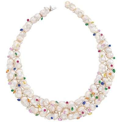 Lot 422 - White Gold, Baroque Freshwater Pearl, Diamond and Gem-Set Necklace