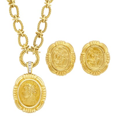 Lot 540 - Gold and Diamond Medallion Pendant-Brooch with Chain Necklace and Pair of Earrings, David Stern