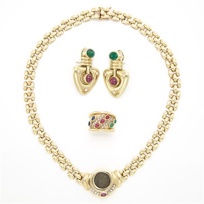 Lot 1661 - Gold, Cabochon Gem-Set and Diamond Necklace, Ring and Pair of Pendant-Earrings