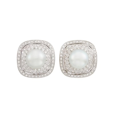 Lot 615 - Pair of White Gold, South Sea Cultured Pearl and Diamond Earclips