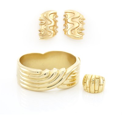 Lot 1653 - Pair of Gold Earrings, Ring and Bangle Bracelet