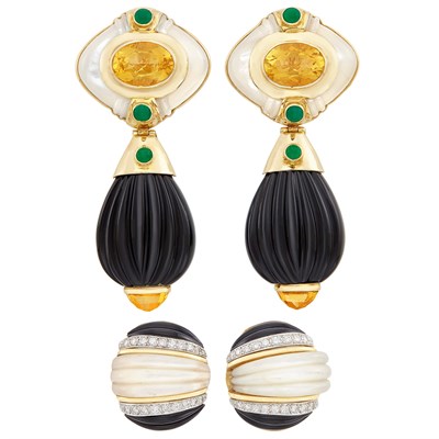 Lot 354 - Two Pairs of Gold, Mother-of-Pearl, Carved Black Onyx, Gem-Set and Diamond Earrings