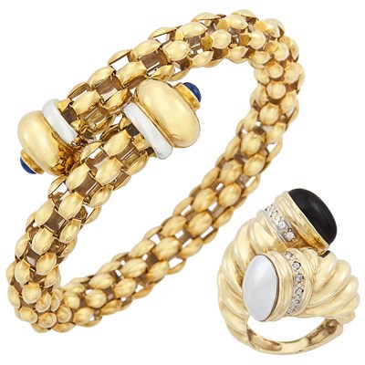 Lot 185 - Two-Color Gold and Cabochon Crossover Bangle Bracelet and Gold, Black Onyx, Mabé Pearl and Diamond Crossover Ring