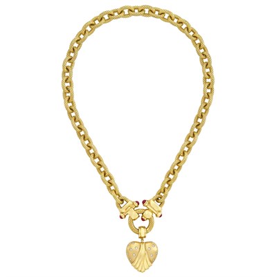 Lot 166 - Gold, Cabochon Ruby and Diamond Heart Pendant-Necklace