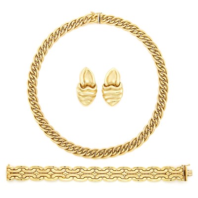 Lot 1502 - Gold Necklace, Bracelet and Pair of Earrings