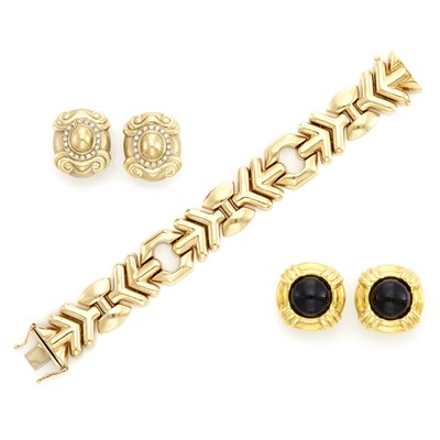 Lot 1506 - Gold Bracelet and Two Pairs of Gold, Diamond and Black Onyx Earclips