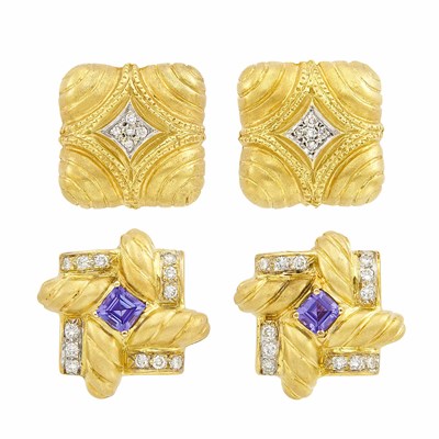 Lot 255 - Pair of Gold, Iolite and Diamond Earclips and Gold and Diamond Earclips