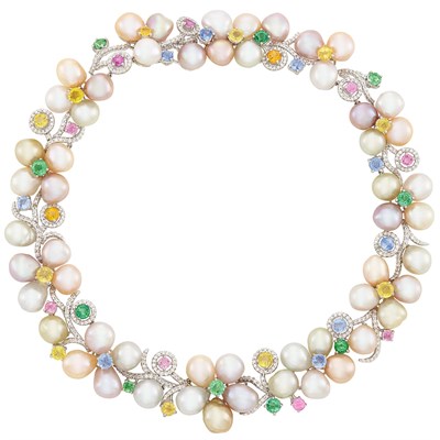 Lot 620 - White Gold, Multicolored Freshwater Pearl, Multicolored Sapphire and Diamond Necklace