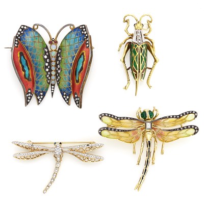 Lot 1522 - Four Gold, Metal, Plique-à-Jour Enamel and Diamond Dragonfly Brooches