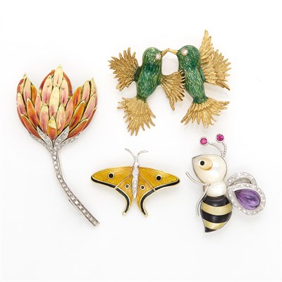 Lot 1667 - Four Yellow and White Gold, Diamond, Mother-of-Pearl, Black Onyx and Enamel Flower, Bee, Butterfly and Love Bird Bird Brooches